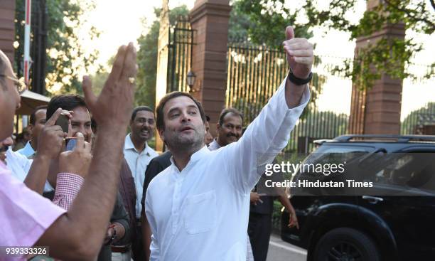 Congress President Rahul Gandhi after leading a delegation to President Ram Nath Kovind over the Supreme Court judgement diluting provisions of the...