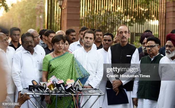 Congress President Rahul Gandhi after leading a delegation to President Ram Nath Kovind over the Supreme Court judgement diluting provisions of the...