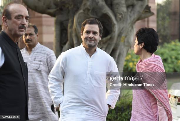 Congress President Rahul Gandhi after leading a delegation to President Ram Nath Kovind over the Supreme Court judgement diluting provisions of the...