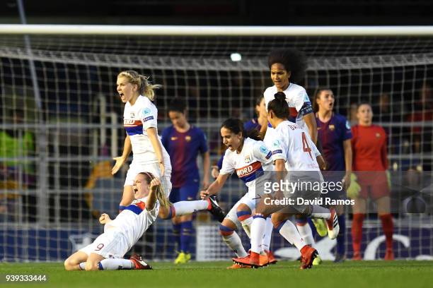 Eugénie Le Sommer of Olympique Lyon celebrates her goal during the UEFA Women's Champions League Quarter Final 2nd Leg between FC Barcelona Women v...