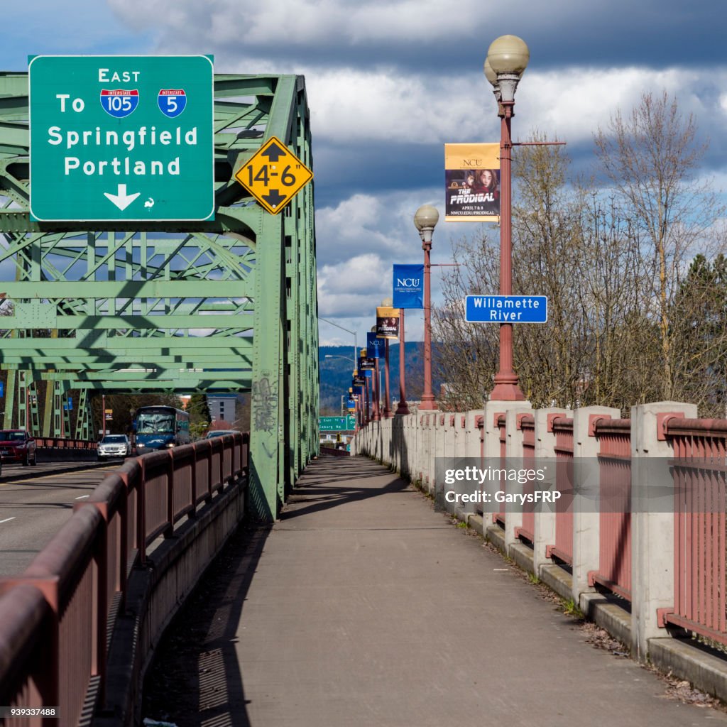 Ferry Street Bridge Sign Oregon I-105 Interstate 5 with Bus