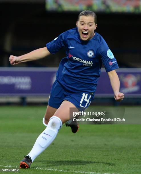 Fran Kirby of Chelsea celebrates after she scores to make it 1-0 during the UEFA Champions League Quarter Final match between Chelsea Ladies and...