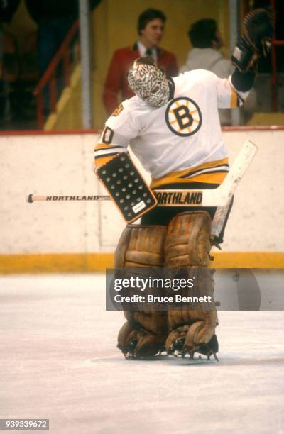 Goalie Gerry Cheevers of the Boston Bruins defends the net during an NHL game circa March, 1980 at the Boston Garden in Boston, Massachusetts.