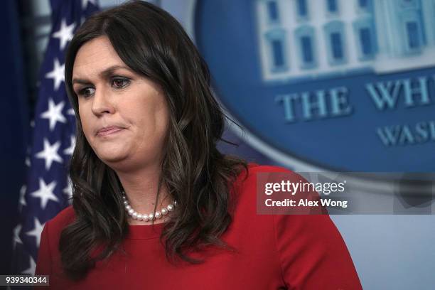 White House Press Secretary Sarah Huckabee Sanders speaks during a White House daily news briefing at the James Brady Press Briefing Room of the...