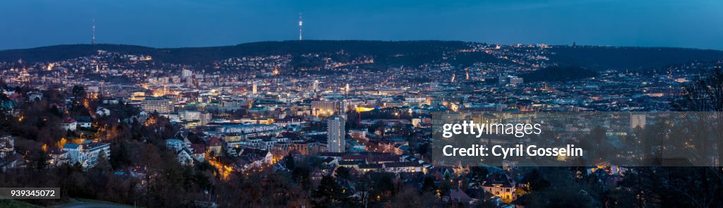 Aerial view of Stuttgart at twilight