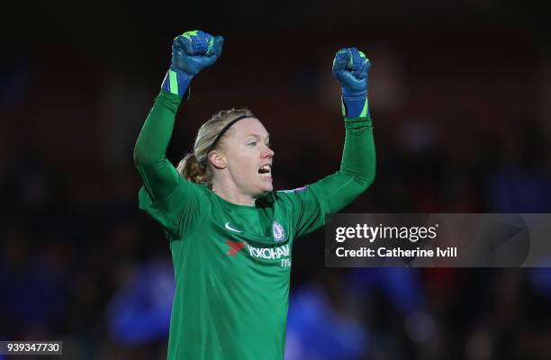 Hedvig Lindahl of Chelsea celebrates after the second goal during the UEFA Womens Champions League Quarter-Final second leg match between Chelsea...