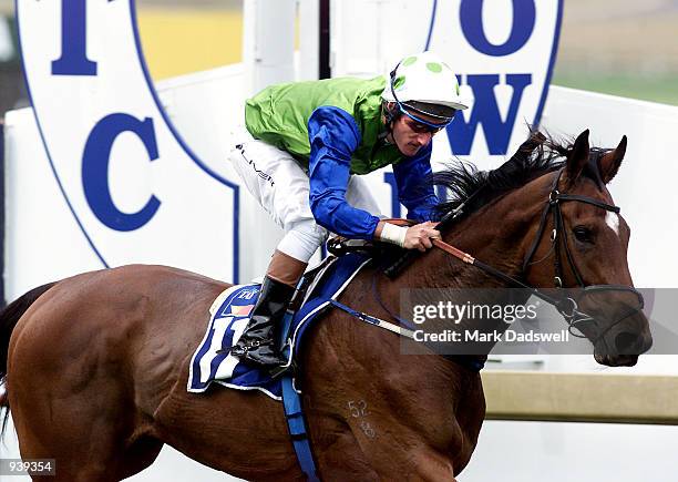 Jockey Damien Oliver riding Moon Dragon to victory in Race 7 the Eat Well Live Well Sandown Guineas, during the Sandown Classic, held at Sandown...