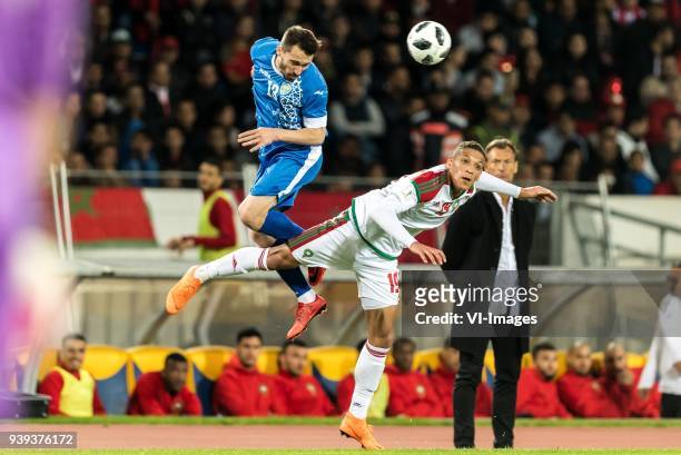 Oleg Zoteev of Uzbekistan, Yacine Bammou of Morocco during the international friendly match between Morocco and Uzbekistan at the Stade Mohammed V on...