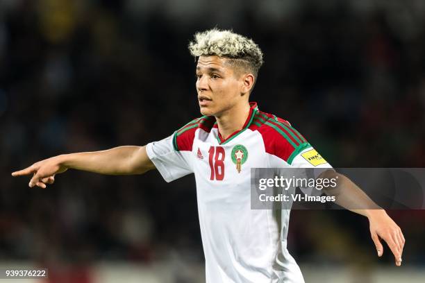 Amine Harit of Morocco during the international friendly match between Morocco and Uzbekistan at the Stade Mohammed V on March 27, 2018 in...