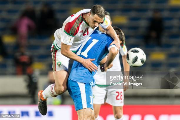 Sofyan Amrabat of Morocco, Temurkhuja Abdukholiqov of Uzbekistan during the international friendly match between Morocco and Uzbekistan at the Stade...