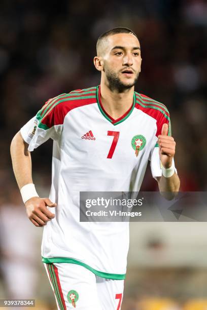 Hakim Ziyech of Morocco during the international friendly match between Morocco and Uzbekistan at the Stade Mohammed V on March 27, 2018 in...