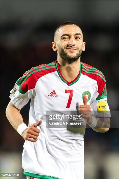 Hakim Ziyech of Morocco during the international friendly match between Morocco and Uzbekistan at the Stade Mohammed V on March 27, 2018 in...