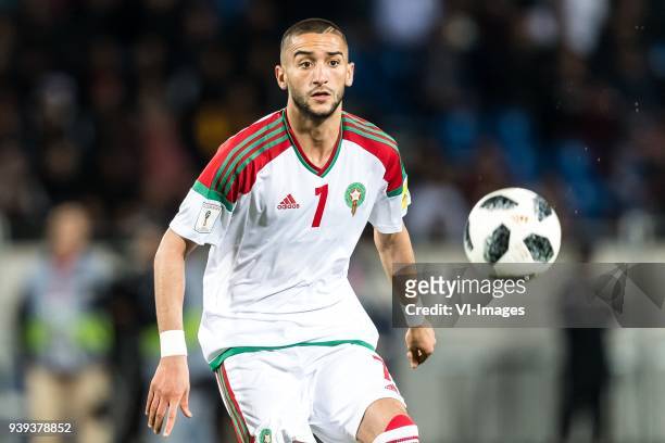 Hakim Ziyech of Morocco during the international friendly match between Morocco and Uzbekistan at the Stade Mohammed V on March 27, 2018 in...