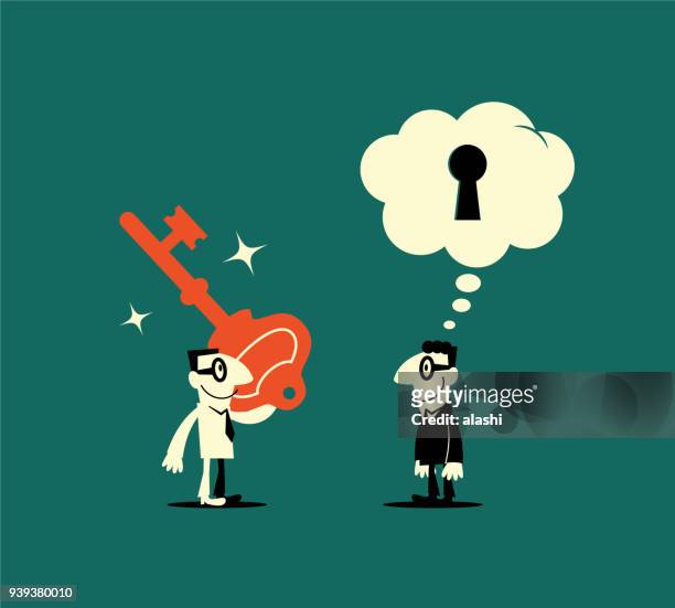 businessman holding a key unlocking another man (boss, consumer psychology) mind, thought bubble with keyhole, find out what other people think - unlocking stock illustrations