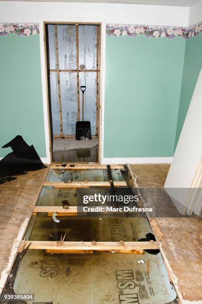 water damage in basement caused by sewer backflow due to clogged sanitary drain - basement flood stock pictures, royalty-free photos & images