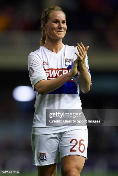 Amandine Henry of Olympique Lyon celebrates after their team's 0-1 win in the UEFA Women's Champions League Quarter Final 2nd Leg match between FC...