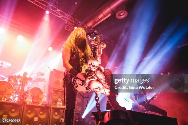 Singer Zakk Wylde of the American band Black Label Society performs live on stage during a concert at the Huxleys Neue Welt on March 28, 2018 in...