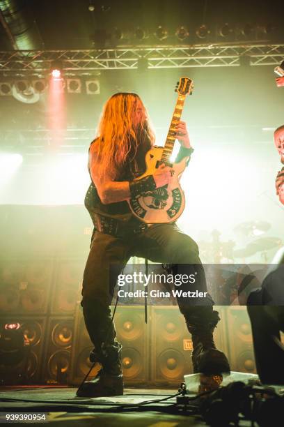 Singer Zakk Wylde of the American band Black Label Society performs live on stage during a concert at the Huxleys Neue Welt on March 28, 2018 in...