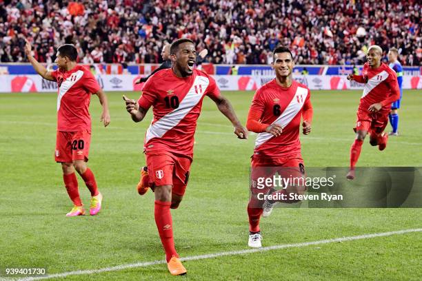Jefferson Farfan of Peru celebrates after scoring the third goal of his team against Iceland in an International Friendly match at Red Bull Arena on...