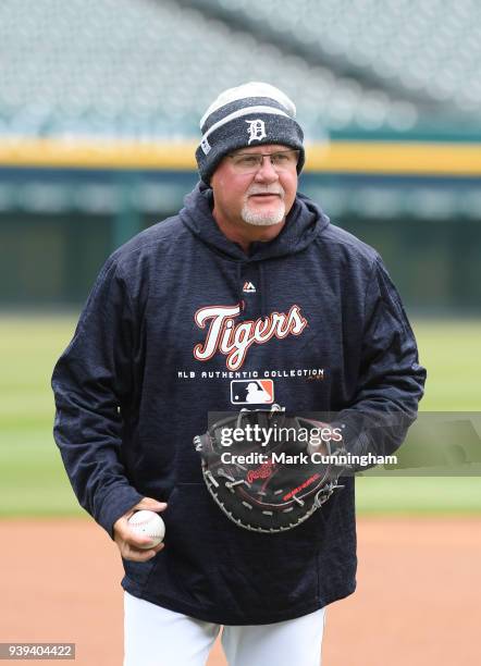 Manager Ron Gardenhire of the Detroit Tigers looks on during the teams first workout of the regular season at Comerica Park on March 28, 2018 in...