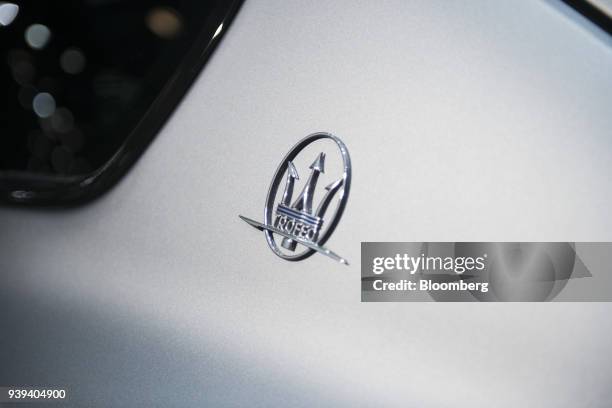 The Maserati SpA Levante Trofeo badge is seen during the 2018 New York International Auto Show in New York, U.S., on Wednesday, March 28, 2018. The...