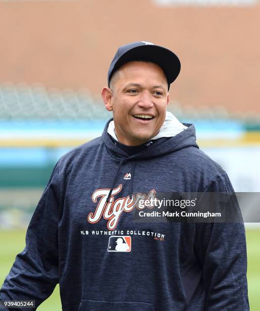 Miguel Cabrera of the Detroit Tigers looks on during the teams first workout of the regular season at Comerica Park on March 28, 2018 in Detroit,...