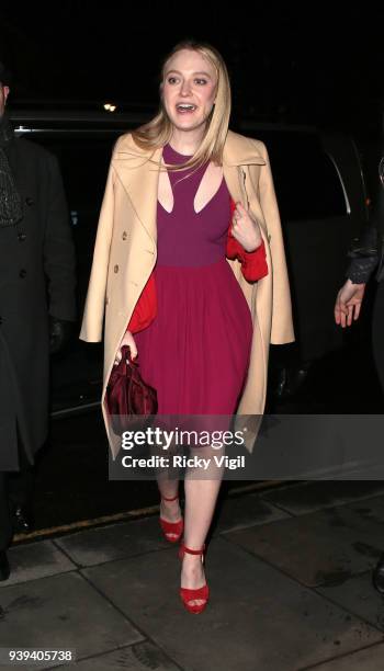 Dakota Fanning arrives back at her hotel aftert filming The One Show on March 28, 2018 in London, England.