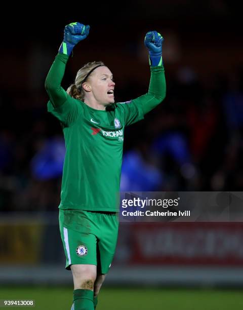 Hedvig Lindahl of Chelsea celebrates during the UEFA Womens Champions League Quarter-Final Second Leg between Chelsea Ladies and Montpellier at The...