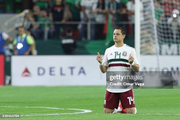 Javier Hernandez of Mexico prays during the international friendly match between Mexico and Croatia at AT&T Stadium on March 27, 2018 in Arlington,...