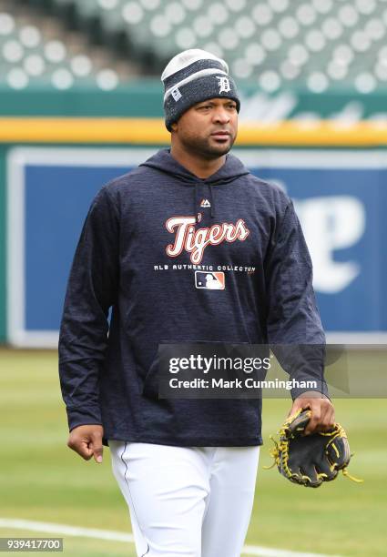 Francisco Liriano of the Detroit Tigers looks on during the teams first workout of the regular season at Comerica Park on March 28, 2018 in Detroit,...