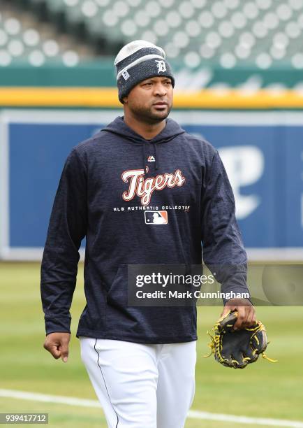 Francisco Liriano of the Detroit Tigers looks on during the teams first workout of the regular season at Comerica Park on March 28, 2018 in Detroit,...