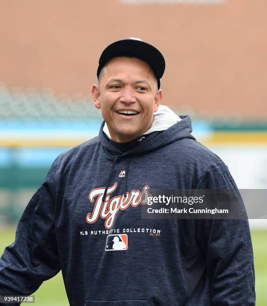 Miguel Cabrera of the Detroit Tigers looks on during the teams first workout of the regular season at Comerica Park on March 28, 2018 in Detroit,...