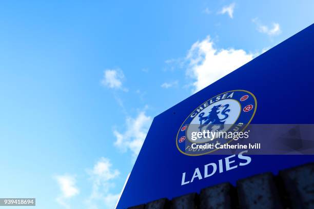 General view of the Chelsea club badge before the UEFA Womens Champions League Quarter-Final Second Leg between Chelsea Ladies and Montpellier at The...