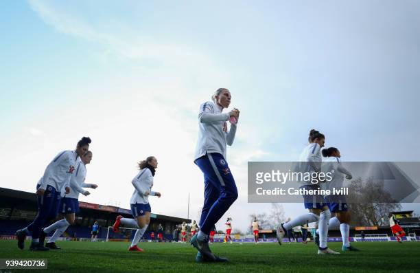 Gilly Flaherty of Chelsea Ladies walks out with the team to warm up before the UEFA Womens Champions League Quarter-Final Second Leg between Chelsea...