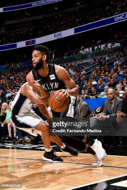 Allen Crabbe of the Brooklyn Nets handles the ball against the Orlando Magic on March 28, 2018 at Amway Center in Orlando, Florida. NOTE TO USER:...