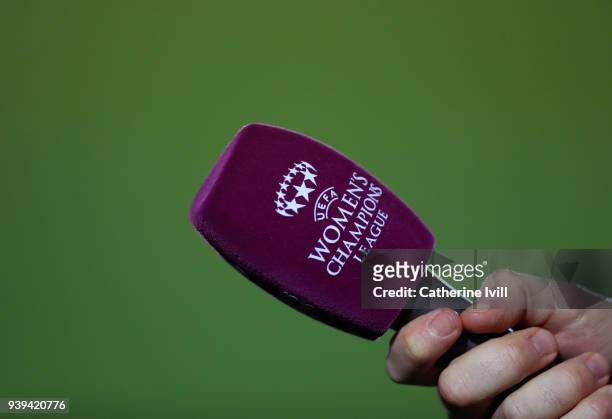 Detail of the competition logo on a microphone during the UEFA Womens Champions League Quarter-Final Second Leg between Chelsea Ladies and...