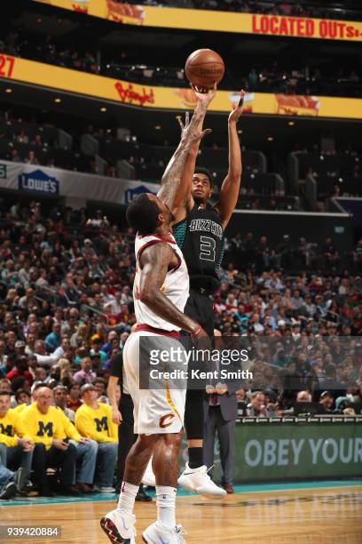 Jeremy Lamb of the Charlotte Hornets shoots the ball against the Cleveland Cavaliers on March 28, 2018 at Spectrum Center in Charlotte, North...