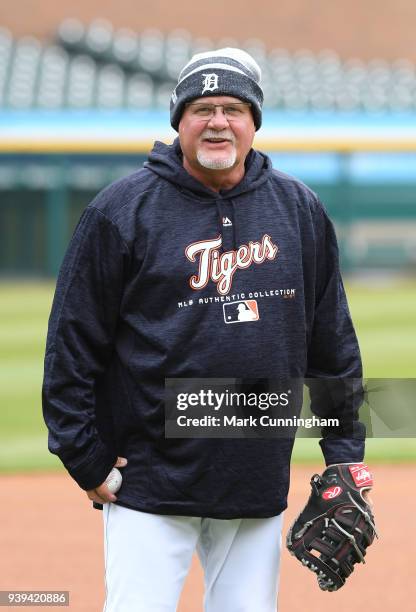 Manager Ron Gardenhire of the Detroit Tigers looks on during the teams first workout of the regular season at Comerica Park on March 28, 2018 in...