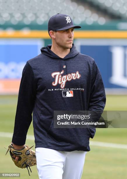 Matthew Boyd of the Detroit Tigers looks on during the teams first workout of the regular season at Comerica Park on March 28, 2018 in Detroit,...