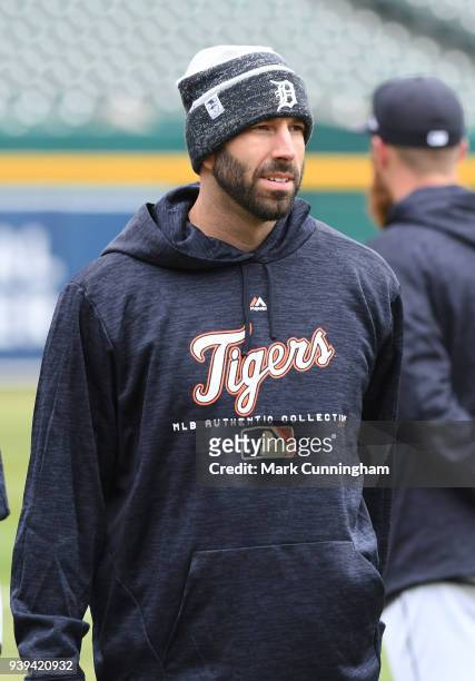 Mike Fiers of the Detroit Tigers looks on during the teams first workout of the regular season at Comerica Park on March 28, 2018 in Detroit,...
