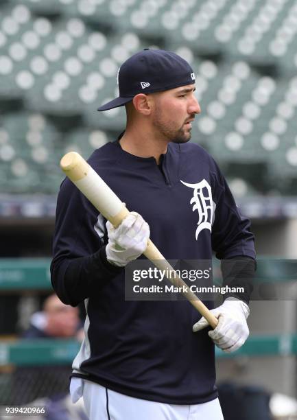 Nicholas Castellanos of the Detroit Tigers looks on during the teams first workout of the regular season at Comerica Park on March 28, 2018 in...