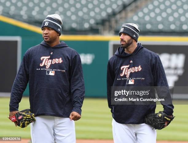 Francisco Liriano and Mike Fiers of the Detroit Tigers look on during the teams first workout of the regular season at Comerica Park on March 28,...