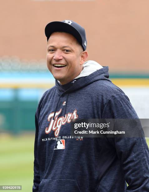 Miguel Cabrera of the Detroit Tigers looks on during the teams first workout of the regular season at Comerica Park on March 28, 2018 in Detroit,...