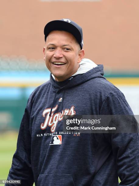 Miguel Cabrera of the Detroit Tigers looks on during the teams first workout of the regular season at Comerica Park on March 28, 2018 in Detroit,...