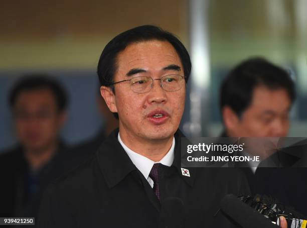 South Korean Unification Minister Cho Myoung-gyon speaks to the media before his departure to the border truce village of Panmunjom, at a government...