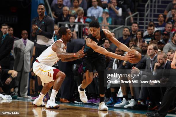 Jeremy Lamb of the Charlotte Hornets handles the ball against the Cleveland Cavaliers on March 28, 2018 at Spectrum Center in Charlotte, North...