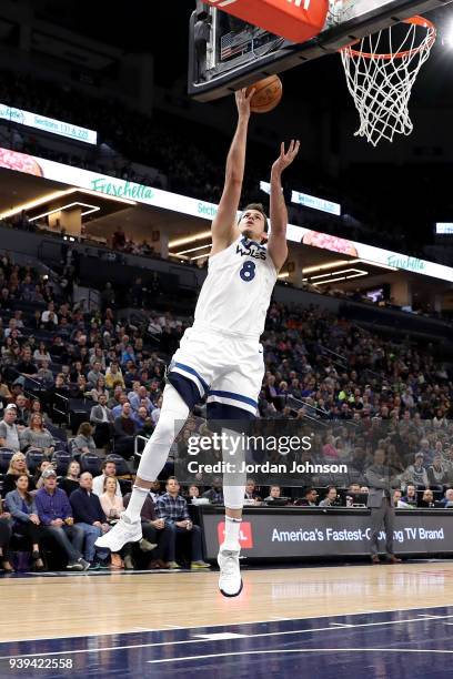 Nemanja Bjelica of the Minnesota Timberwolves goes to the basket against the Atlanta Hawks on March 28, 2018 at Target Center in Minneapolis,...