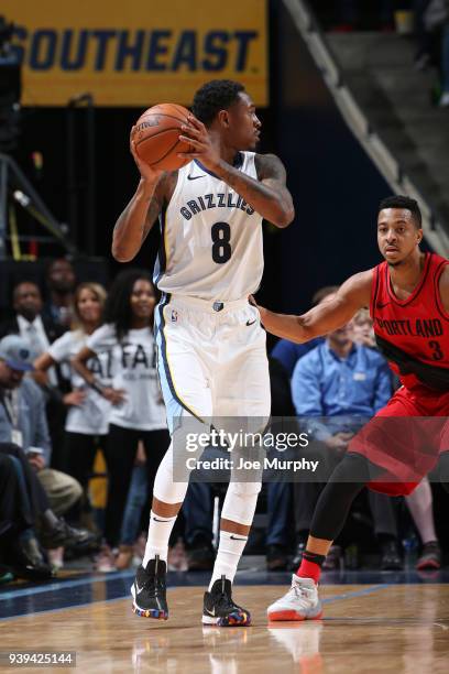 MarShon Brooks of the Memphis Grizzlies handles the ball during the game against the Portland Trail Blazers on March 28, 2018 at FedExForum in...