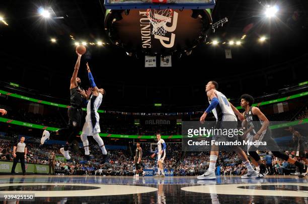 Allen Crabbe of the Brooklyn Nets shoots the ball against the Orlando Magic on March 28, 2018 at Amway Center in Orlando, Florida. NOTE TO USER: User...