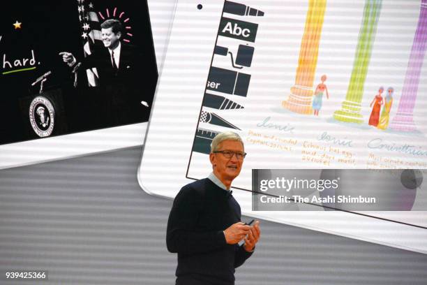 Apple CEO Tim Cook introduces Apple's new iPad during an event at Lane Tech College Prep High School on March 27, 2018 in Chicago, Illinois. The...